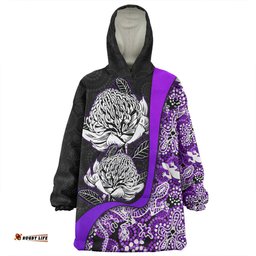 Australia Warratah Goanna Aboriginal Waratah Flowers With Purple Lizards, Stones, Sand Dot Art Painting Inspired Wearable Blanket Hoodie Aussie Oodie