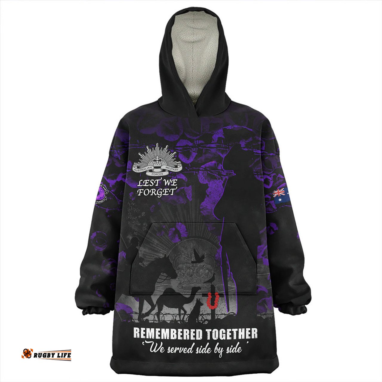 Australia Anzac Day Purple Poppy Tribute Remembered Together Wearable Blanket Hoodie Aussie Oodie