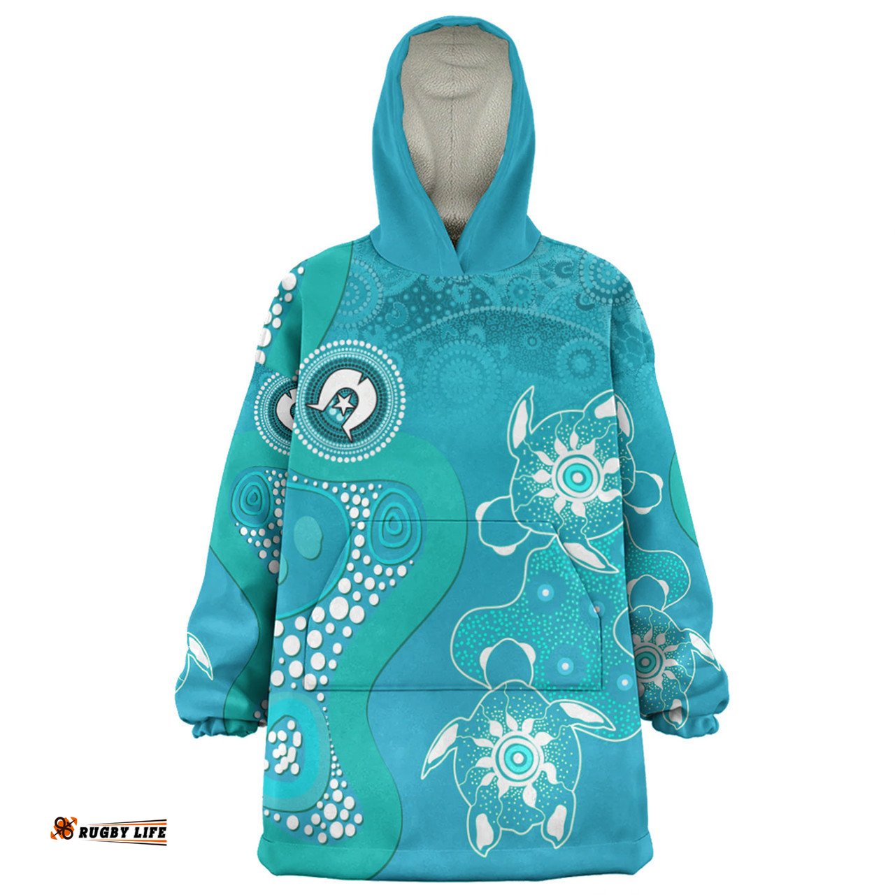 Australia Turtles Aboriginal Indigenous Dot Turtles In The Ocean (Turquoise) Wearable Blanket Hoodie Aussie Oodie