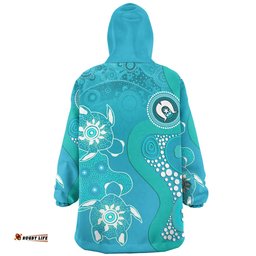 Australia Turtles Aboriginal Indigenous Dot Turtles In The Ocean (Turquoise) Wearable Blanket Hoodie Aussie Oodie