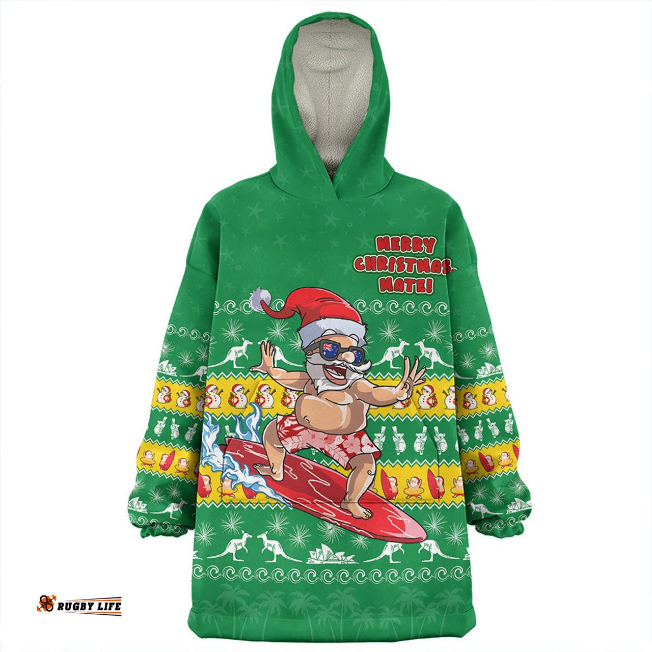 Australia Merry Christmas Mate Surf's Up Santa Green Wearable Blanket Hoodie Aussie Oodie