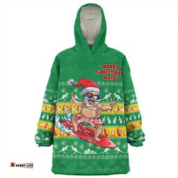 Australia Merry Christmas Mate Surf's Up Santa Green Wearable Blanket Hoodie Aussie Oodie