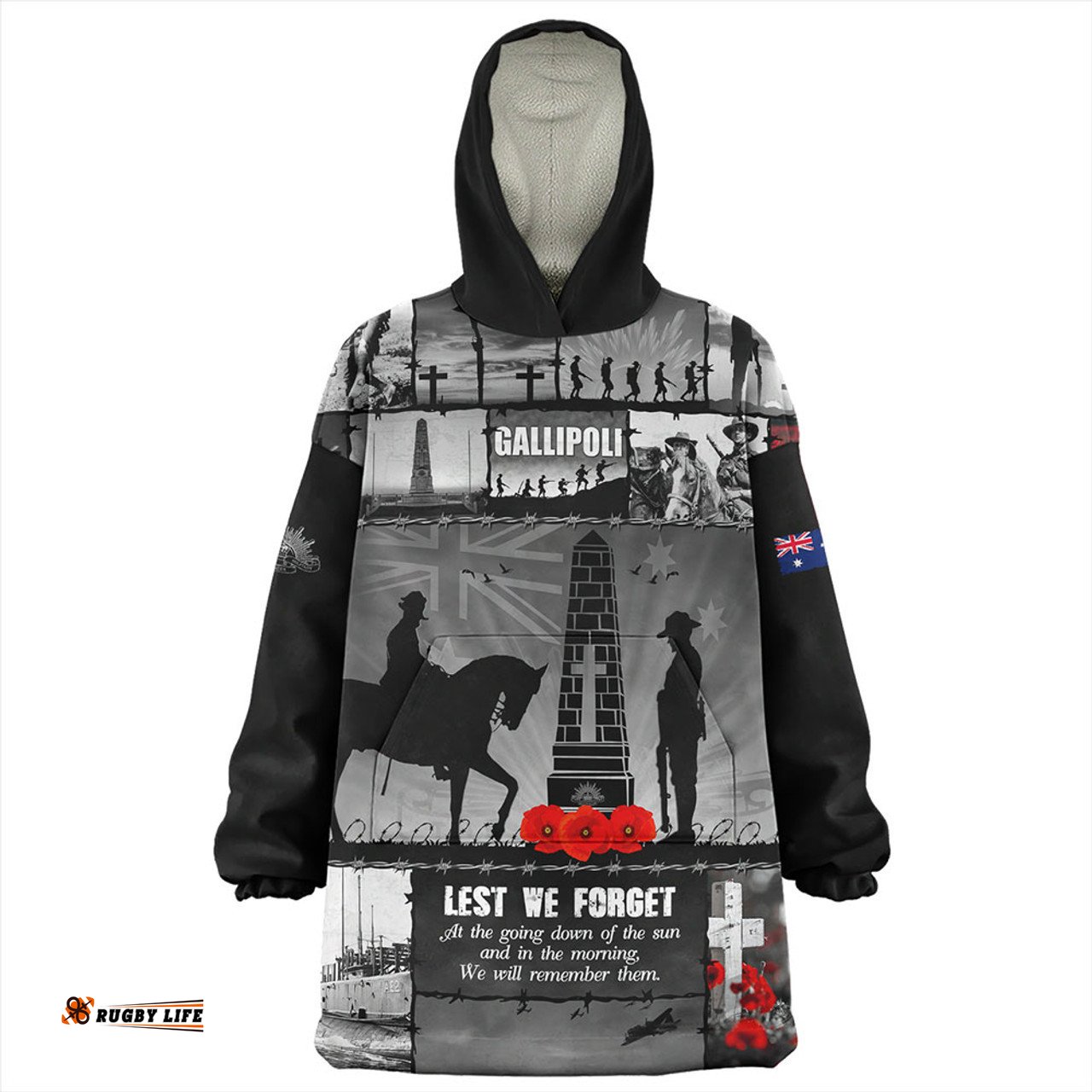 Australia Anzac Day Honoring Gallipoli Heroes Memorial Black Wearable Blanket Hoodie Aussie Oodie