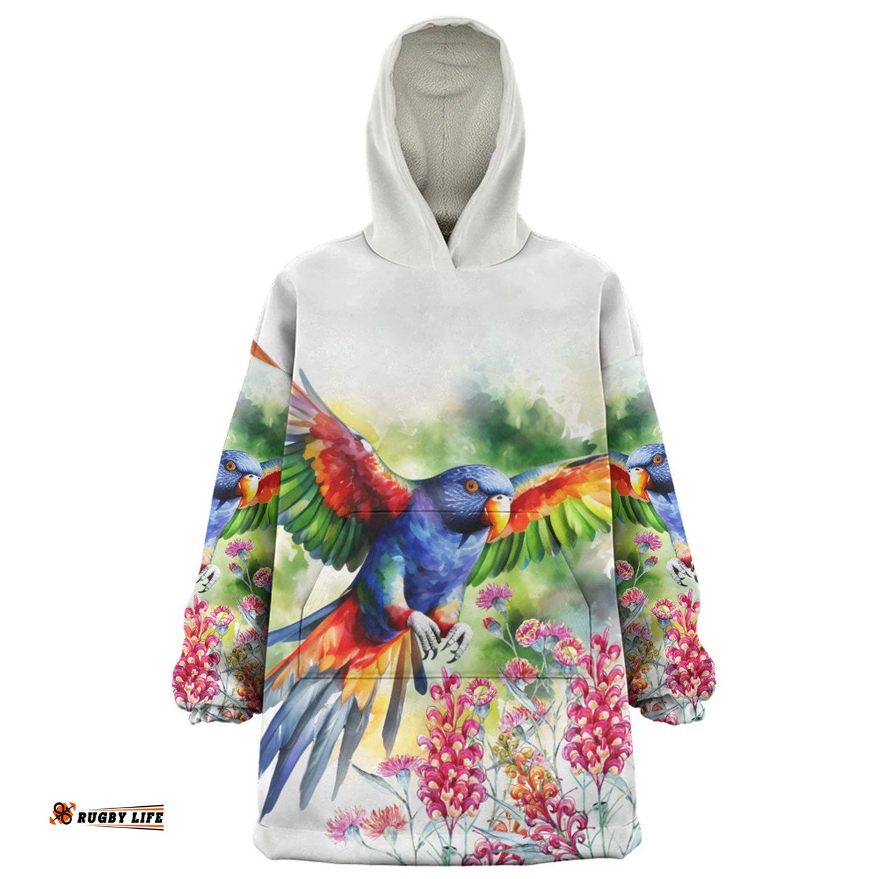 Australia Rainbow Lorikeets Rainbow Lorikeets Flying With Grevillea Flowers Art Wearable Blanket Hoodie Aussie Oodie