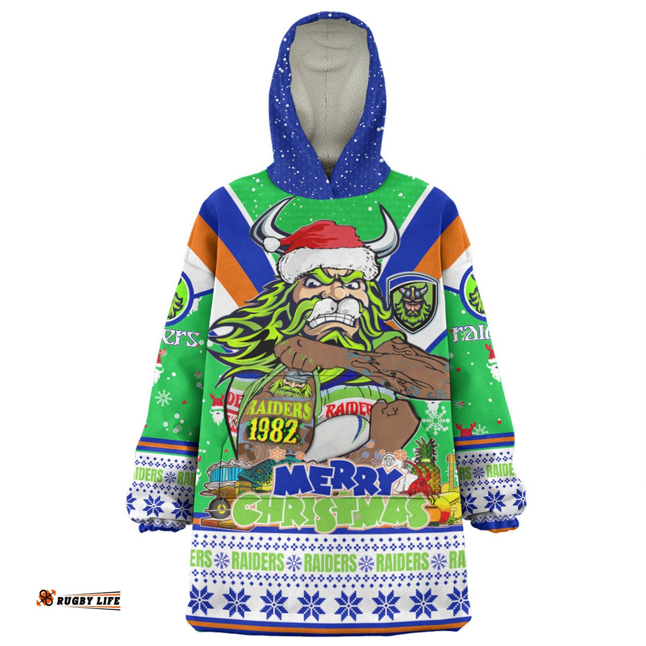 Canberra Raiders Christmas Custom Canberra Viking Santa Aussie Big Things Wearable Blanket Hoodie Aussie Oodie