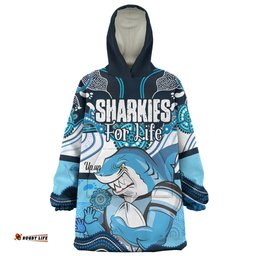 Cronulla Sutherland Sharks Sharkies With Aboriginal Style Wearable Blanket Hoodie Aussie Oodie