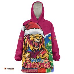 Brisbane Lions Santa Scoring Touchdown On Christmas Game Day Wearable Blanket Hoodie Aussie Oodie