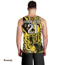 (Custom Text And Number) Richmond Tigers Football Men Tank Top Angry Tiger Roaring Aboriginal Boomerang and Dots Art