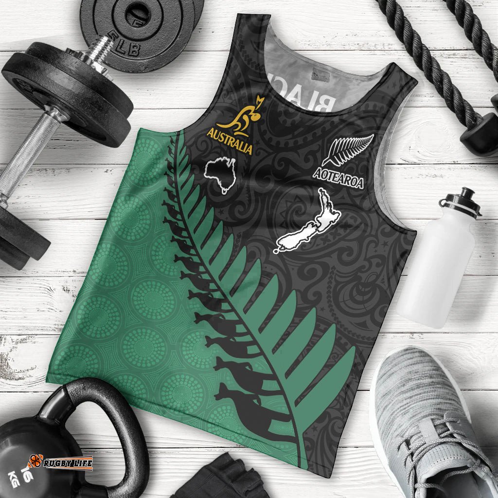 Australia Wallabies and Aotearoa Rugby Men Tank Top Kangaroo Black Fern Maori Green Vibe