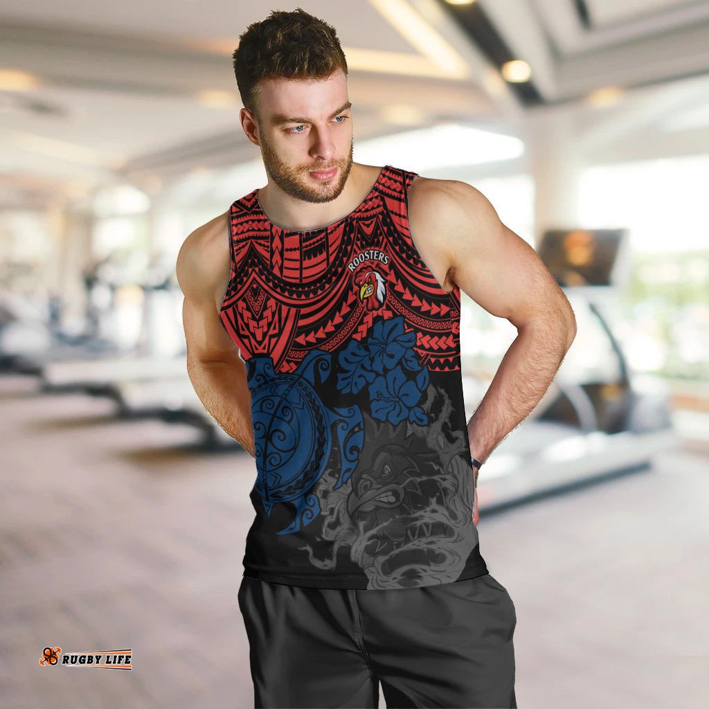 Custom Roosters Rugby Men Tank Top Sydney Hibiscus and Turtle With Polynesian Pattern