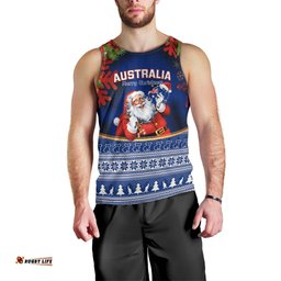Personalised Christmas In July Men Tank Top Happy Santa Claus With Australia Map Blue Style