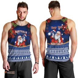 Personalised Christmas In July Men Tank Top Happy Santa Claus With Australia Map Blue Style