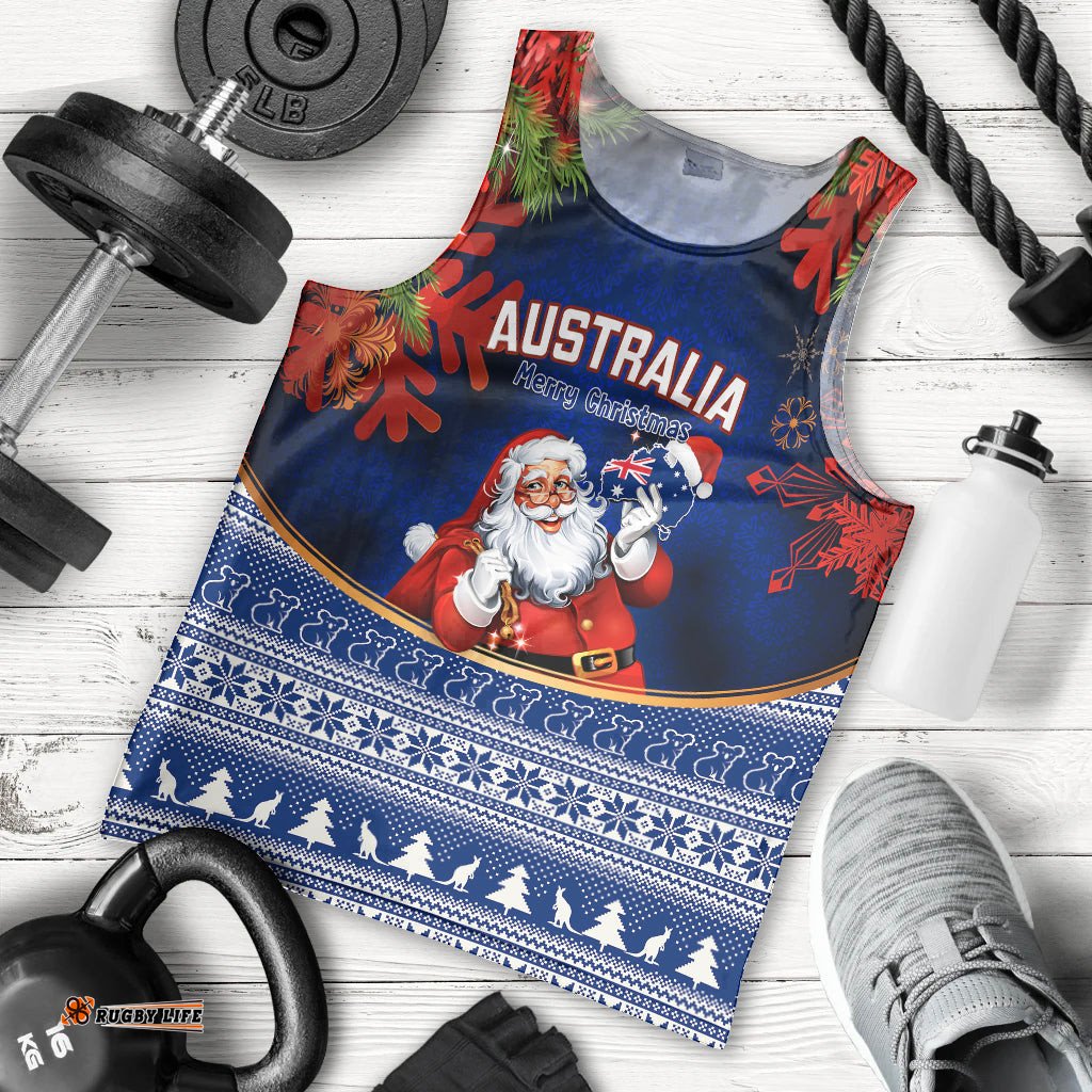Personalised Christmas In July Men Tank Top Happy Santa Claus With Australia Map Blue Style