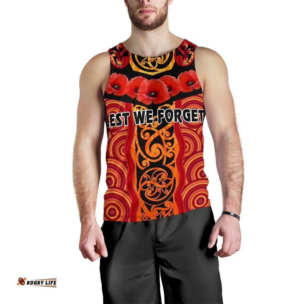 Anzac Lest We Forget Poppy Men Tank Top New Zealand Maori Silver Fern - Australia Aboriginal