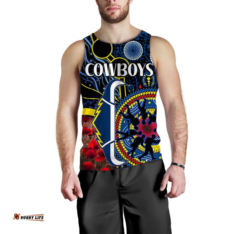(Custom Personalised) Cowboys Rugby ANZAC Men Tank Top Aboriginal Military and Poppy Flowers