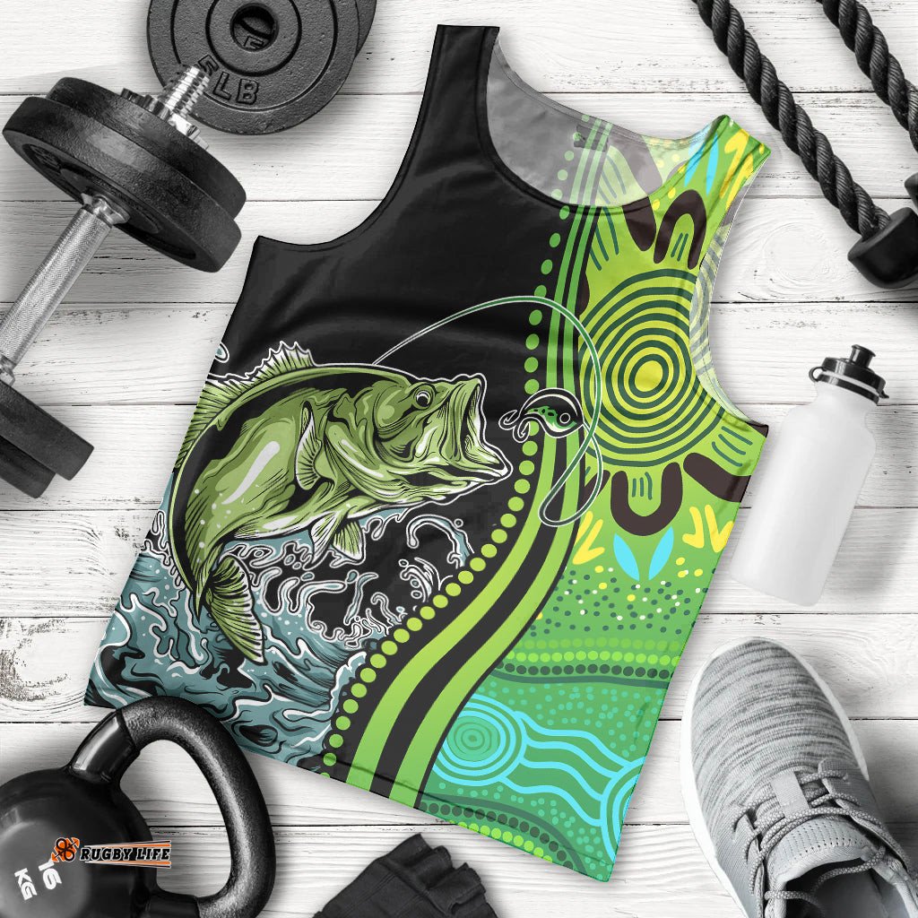 Australia Fishing Men Tank Top Aboriginal Rise And Shine A Bass Fish Jumps Out Of Water And Aboriginal Patterns Inspired