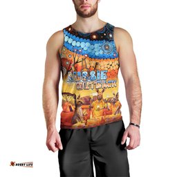 Australia Kangaroo Aboriginal Camping Men Tank Top Aussie Outback Camping with Beer