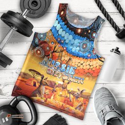 Australia Kangaroo Aboriginal Camping Men Tank Top Aussie Outback Camping with Beer