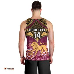 Personalised Brisbane Football Men Tank Top Go Lions Aboriginal Mix Polynesian Pattern