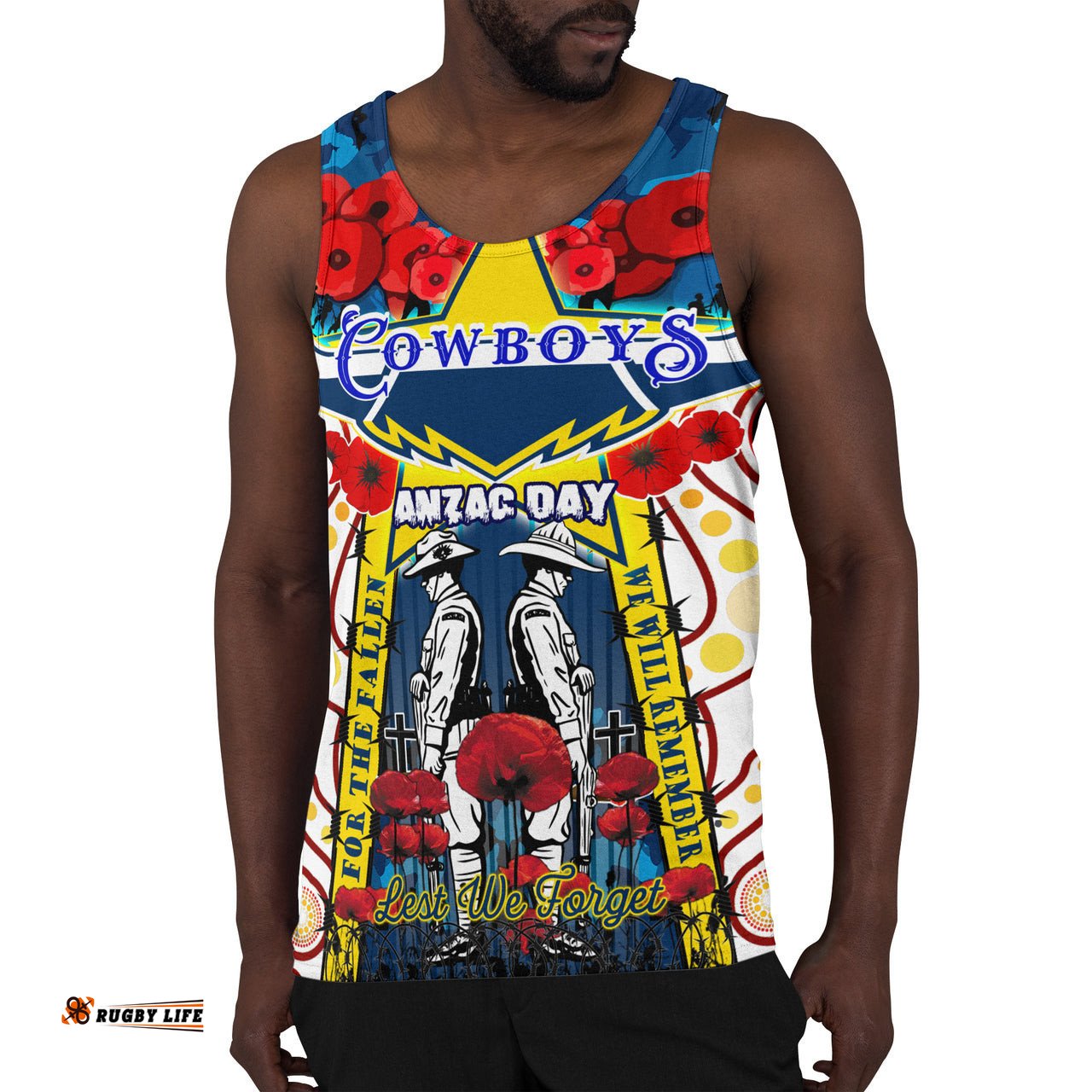Cowboys Anzac Day Watercolour Rugby Men Tank Top - Custom Remembrance Cowboys With Poppy Flower RLT13