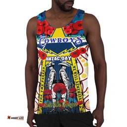 Cowboys Anzac Day Watercolour Rugby Men Tank Top - Custom Remembrance Cowboys With Poppy Flower RLT13