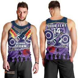 (Custom Text And Number) Melbourne Storm Rugby ANZAC Men Tank Top Indigenous Poppy Australian Army
