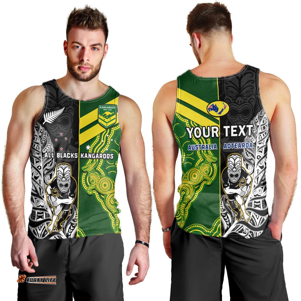 (Custom Personalised) Australia Kangaroos And All Black Rugby Men Tank Top Aboriginal Mix NZ Maori Fern