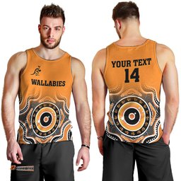 (Custom Text And Number) Wallabies Rugby Men Tank Top Aussie Go Champions Indigenous Orange