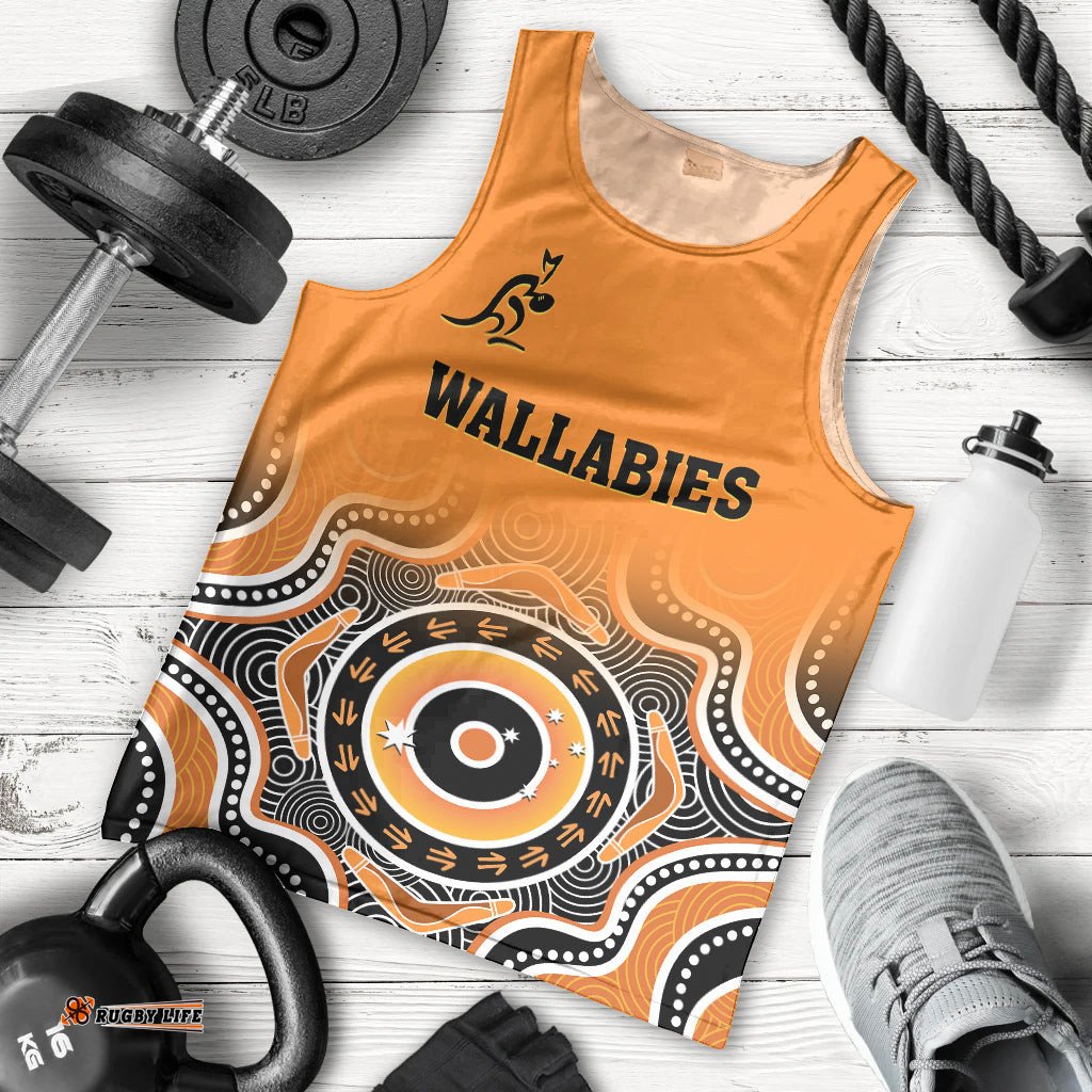 (Custom Text And Number) Wallabies Rugby Men Tank Top Aussie Go Champions Indigenous Orange