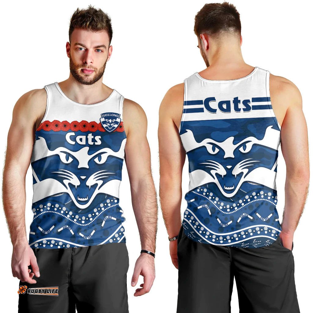 Cats Football ANZAC Men Tank Top Geelong Camouflage Poppy Mix Aboriginal