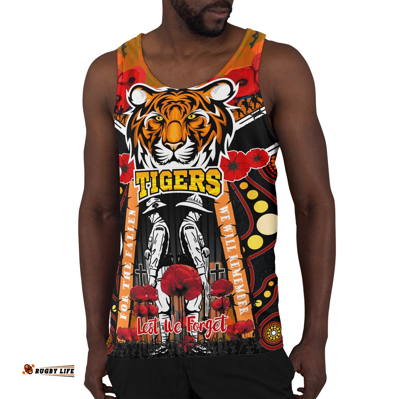 Tigers Rugby Anzac Day Watercolour Men Tank Top - Custom Remembrance West Tigers With Poppy Flower RLT13