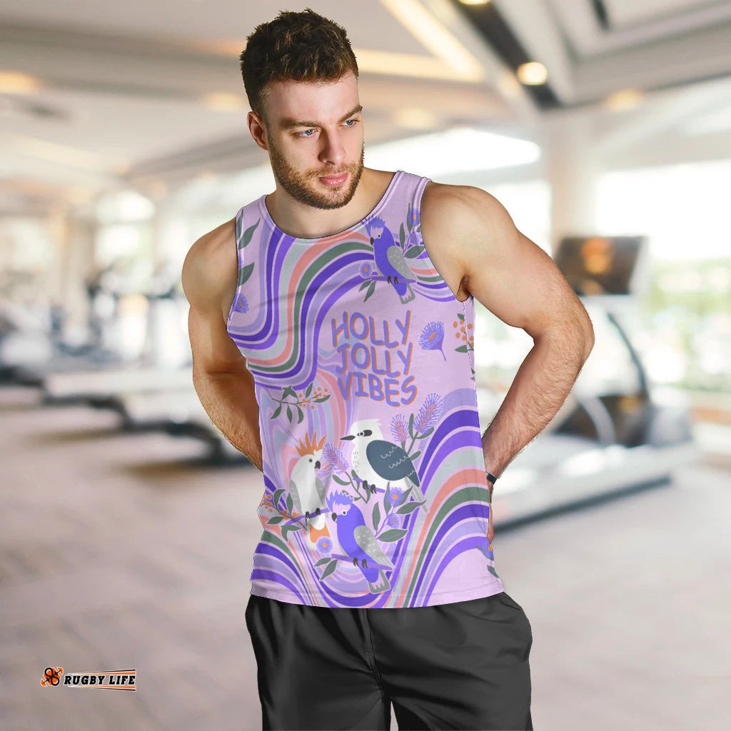 Personalised Australia Hippie Christmas Men Tank Top Cockatoo Kookaburra with Wattle Violet Pastel Color