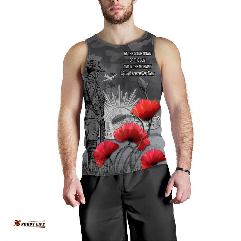 Remembrance Day Men Tank Top Soldier Australian Army Rising Sun With Red Poppy