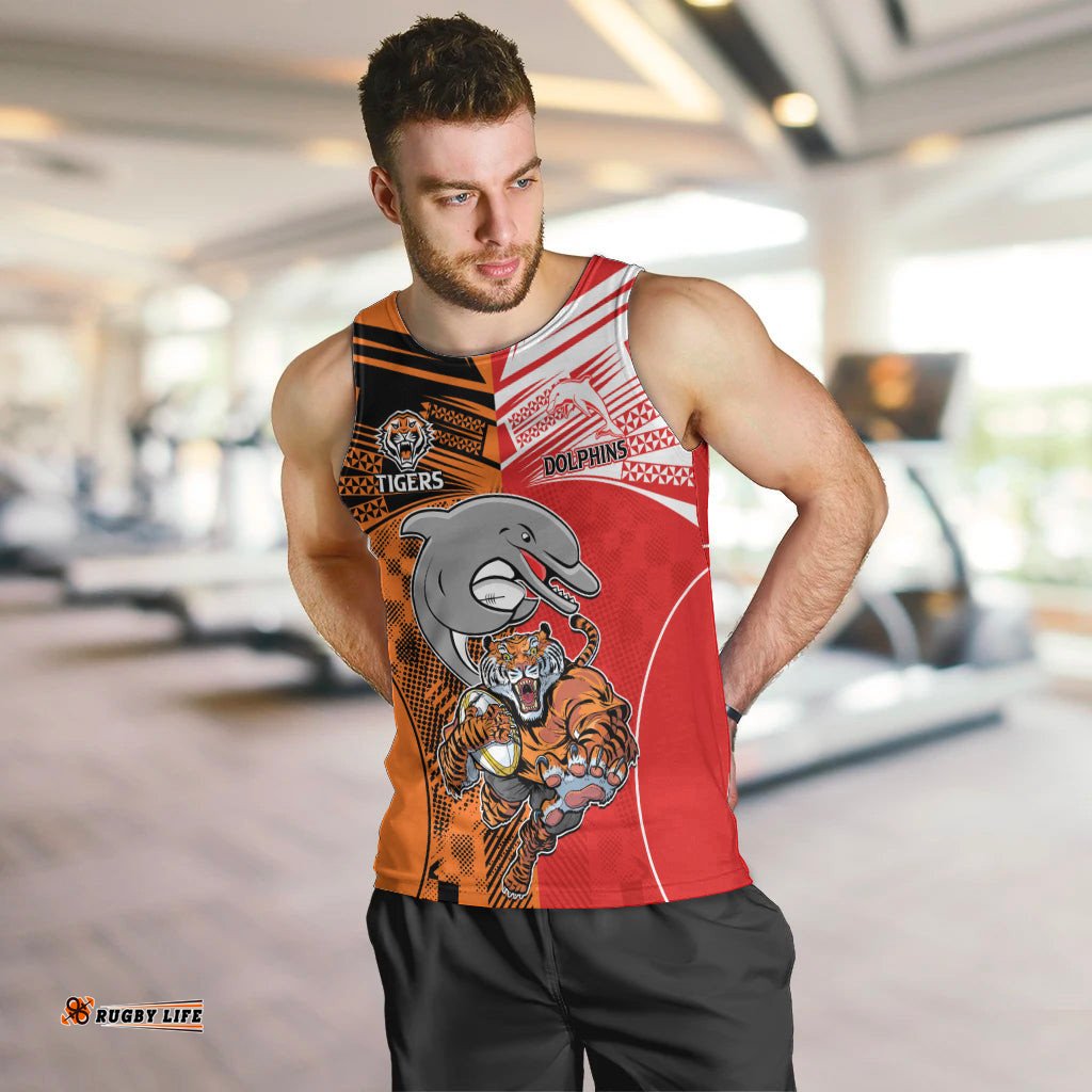 (Custom Text And Number) NRL Half Dolphins and Half Tigers Men Tank Top Sporty Style