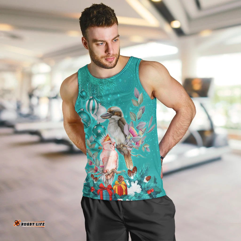 Kookaburra and Cockatoo Men Tank Top Australia Merry Christmas Aboriginal Teal Style