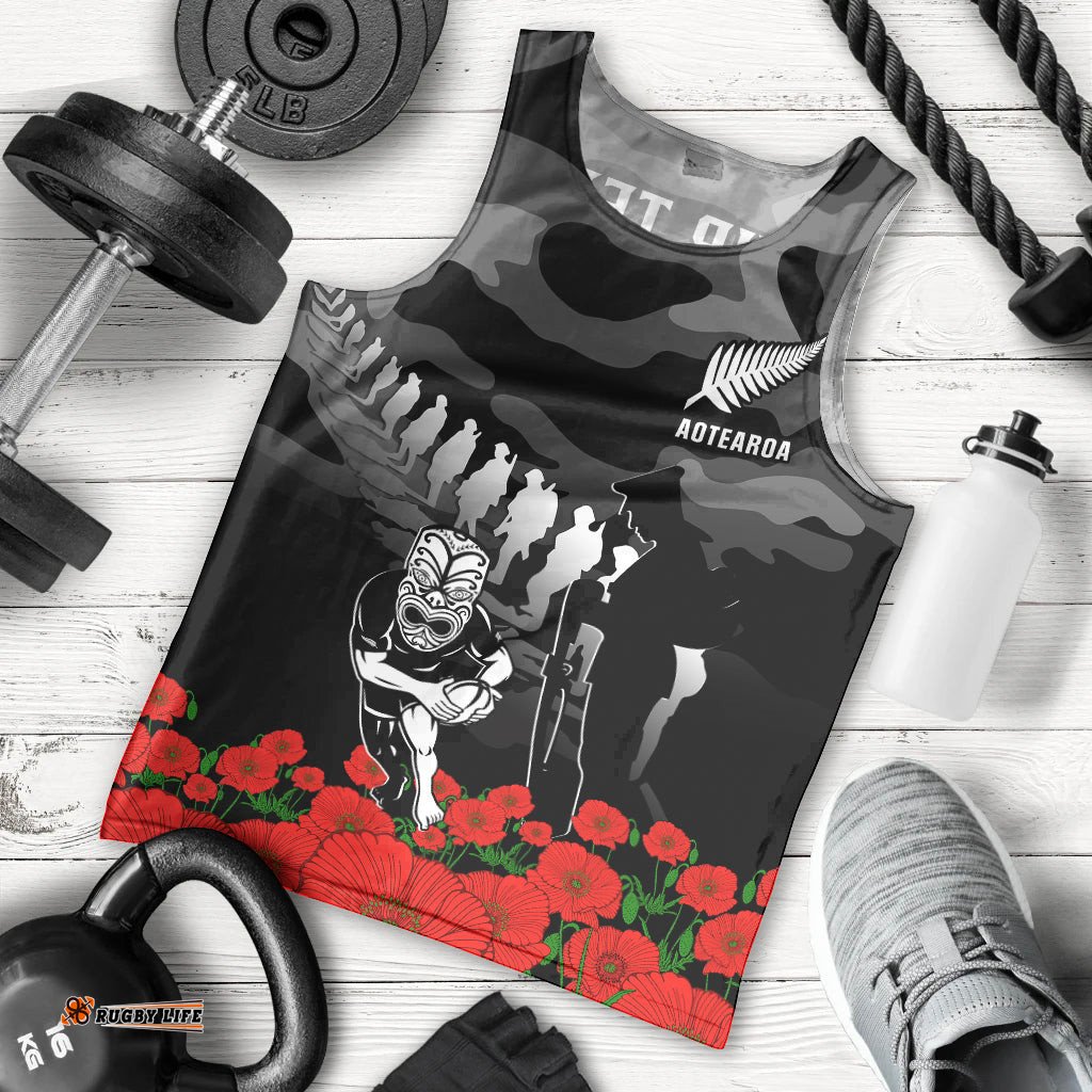 (Custom Text And Number) New Zealand ANZAC Rugby Men Tank Top Silver Fern All Black Camouflage Mix Poppy