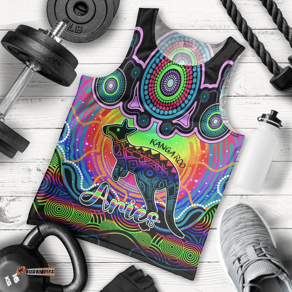 Personalised Australia Aries Kangaroo Zodiac Men Tank Top Auz Astrology Aboriginal - Rainbow