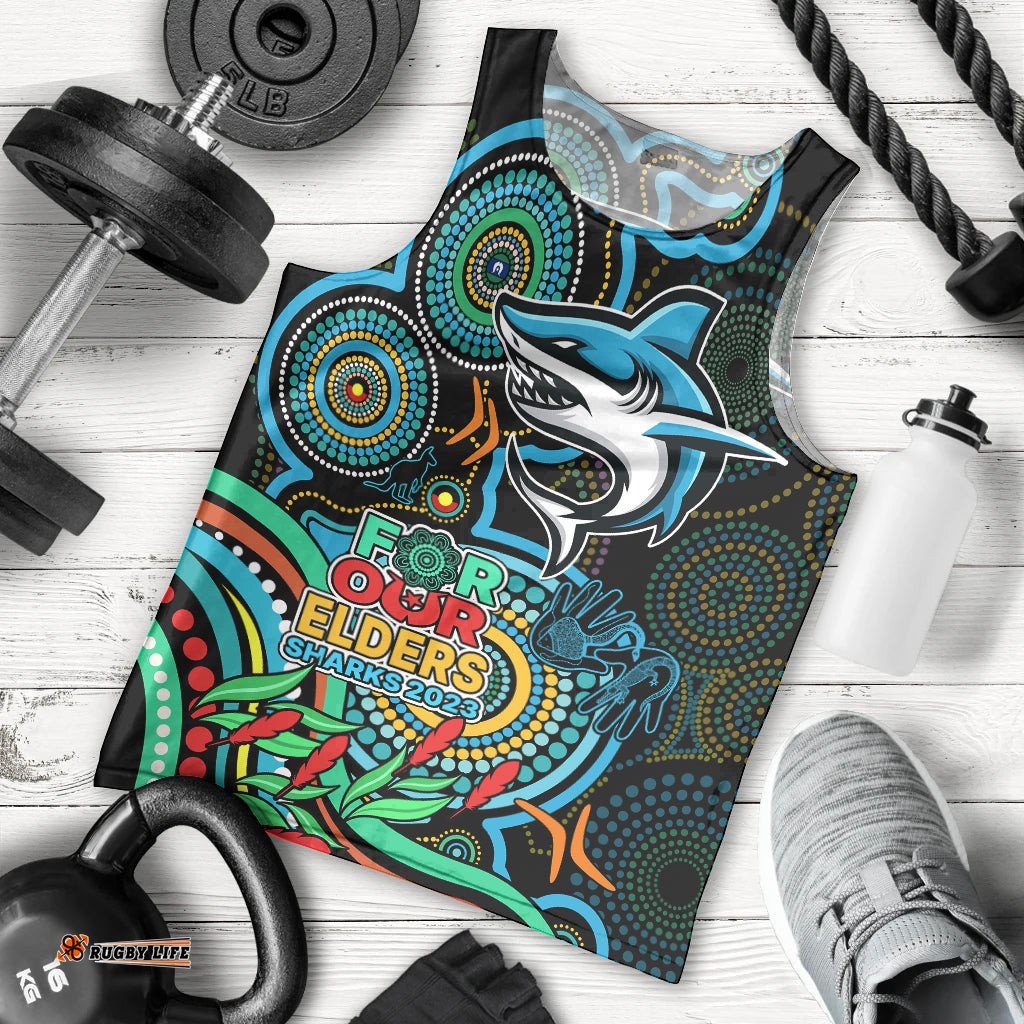 Sharks Rugby Aboriginal Art Men Tank Top NAIDOC Indigenous Tribal