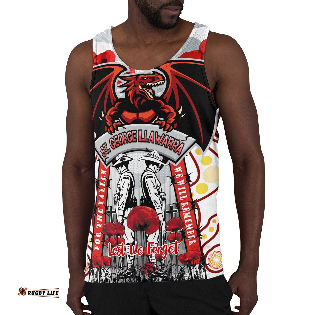 St. George Rugby Anzac Day Watercolour Custom Men Tank Top - Remembrance Dragons With Poppy Flower RLT13