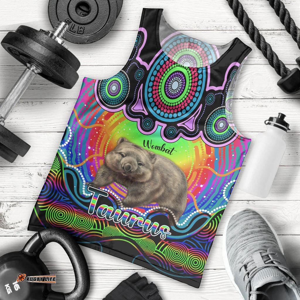 Personalised Australia Taurus Wombat Zodiac Men Tank Top Auz Astrology Aboriginal - Rainbow