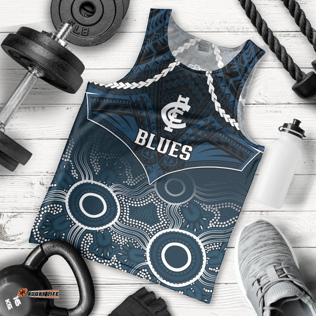 Personalised Carlton Football Men Tank Top Blues Aboriginal Mix Polynesian Pattern