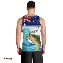 Personalised Australia Fishing Men Tank Top Barramundi With Ocean Waves Flag Grunge Style