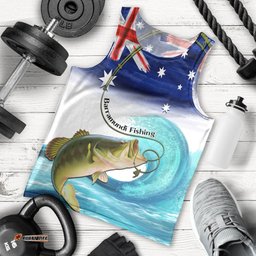 Personalised Australia Fishing Men Tank Top Barramundi With Ocean Waves Flag Grunge Style