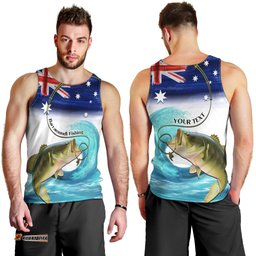 Personalised Australia Fishing Men Tank Top Barramundi With Ocean Waves Flag Grunge Style