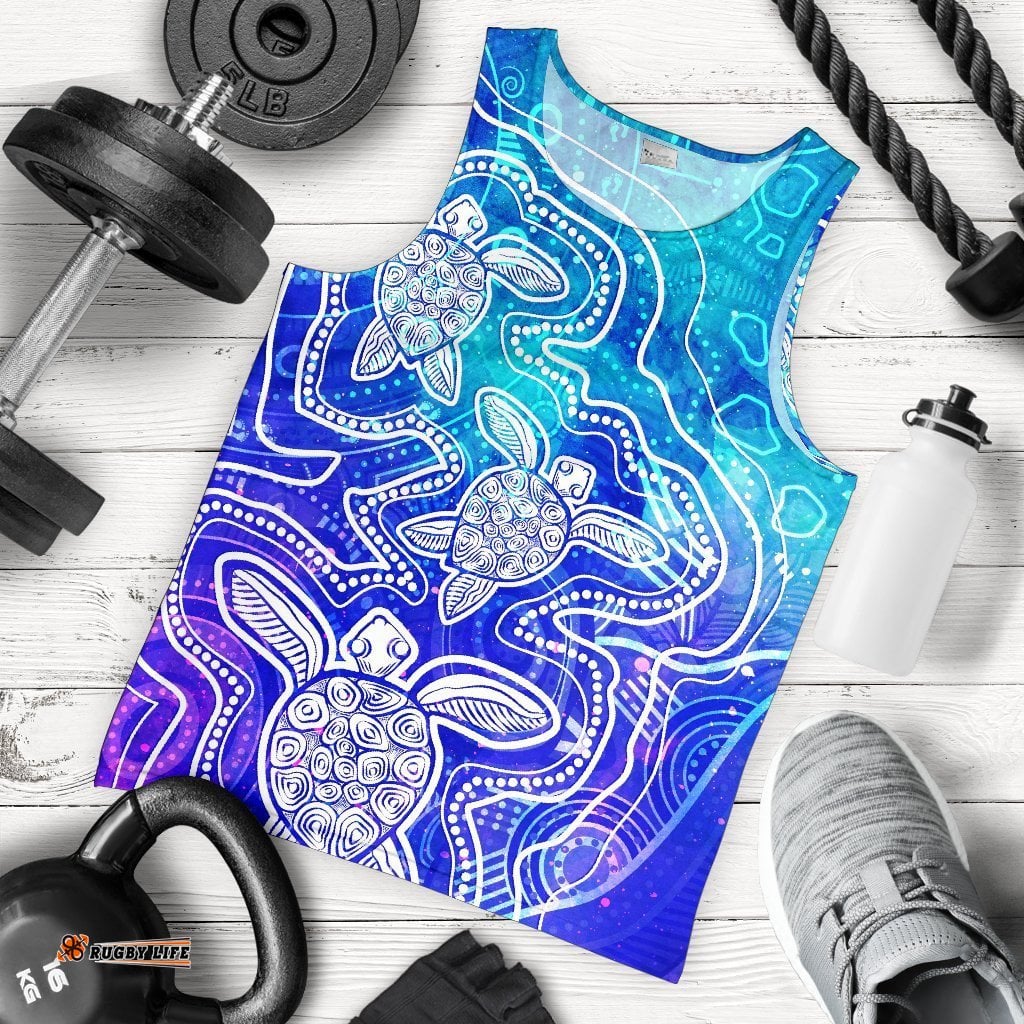 Aboriginal Men's Tank Top - Sea Turtle With Indigenous Patterns (Blue)