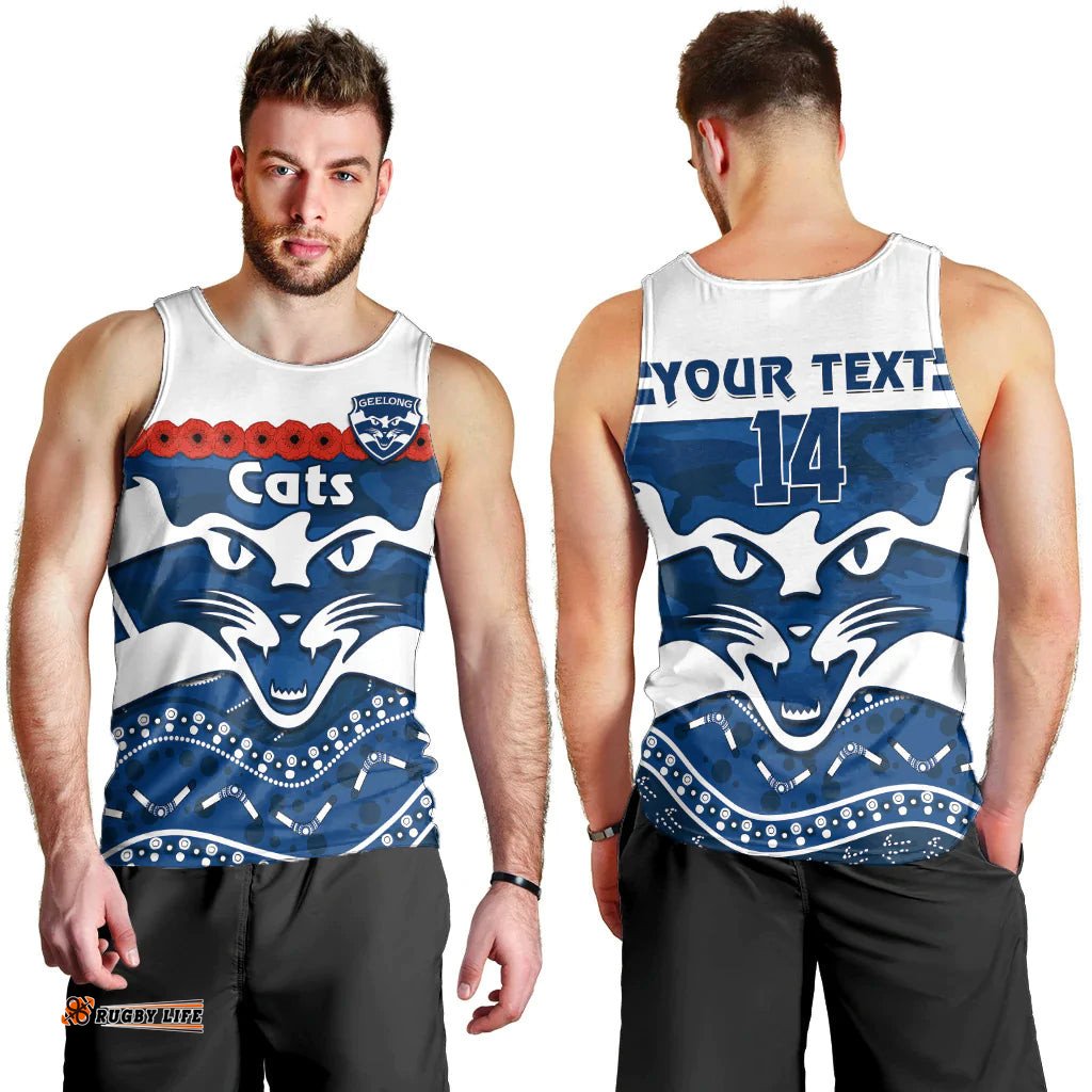 (Custom Text And Number) Cats Football ANZAC Men Tank Top Geelong Camouflage Poppy Mix Aboriginal