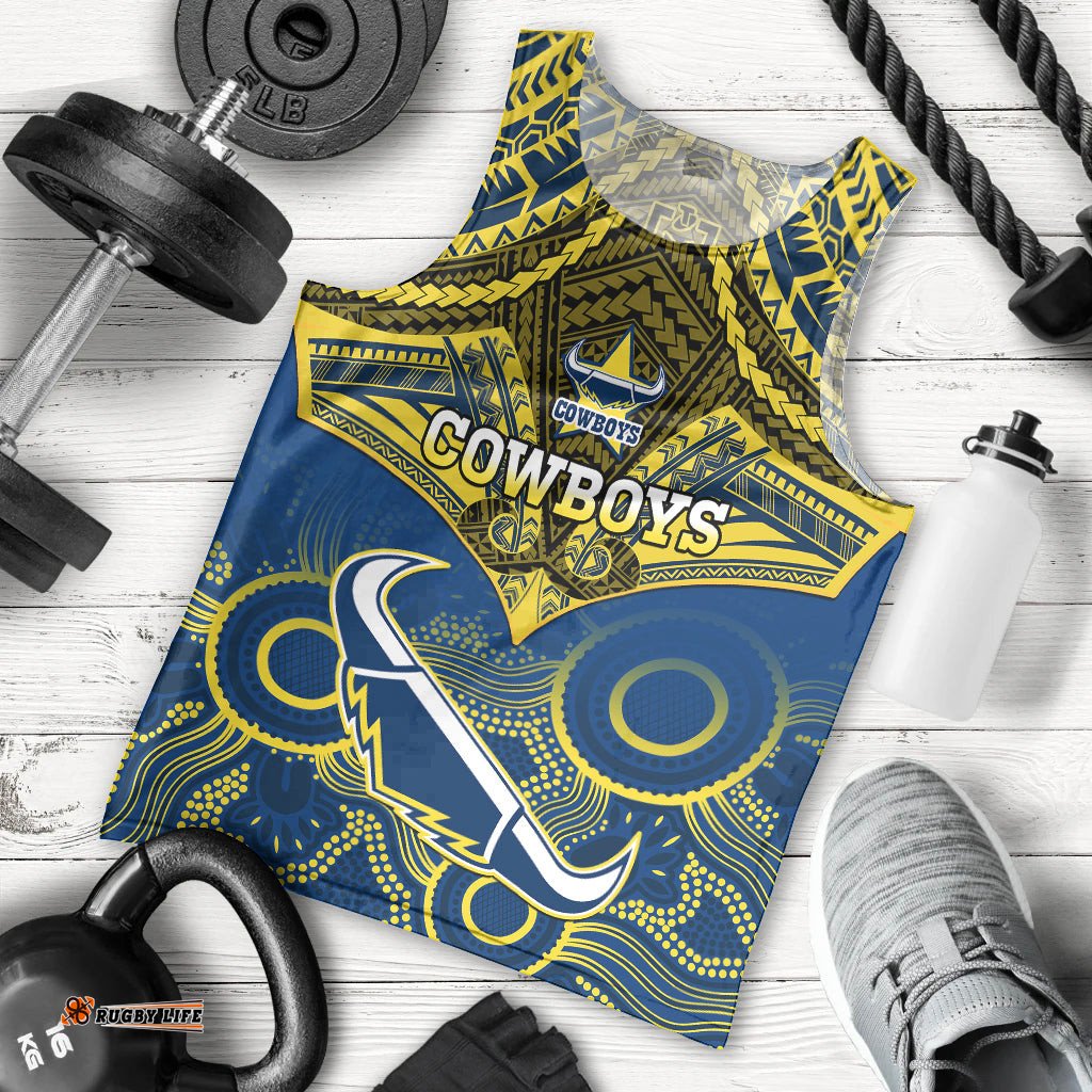 Personalised Cowboys Rugby Men Tank Top Aboriginal Mix Polynesian Pattern