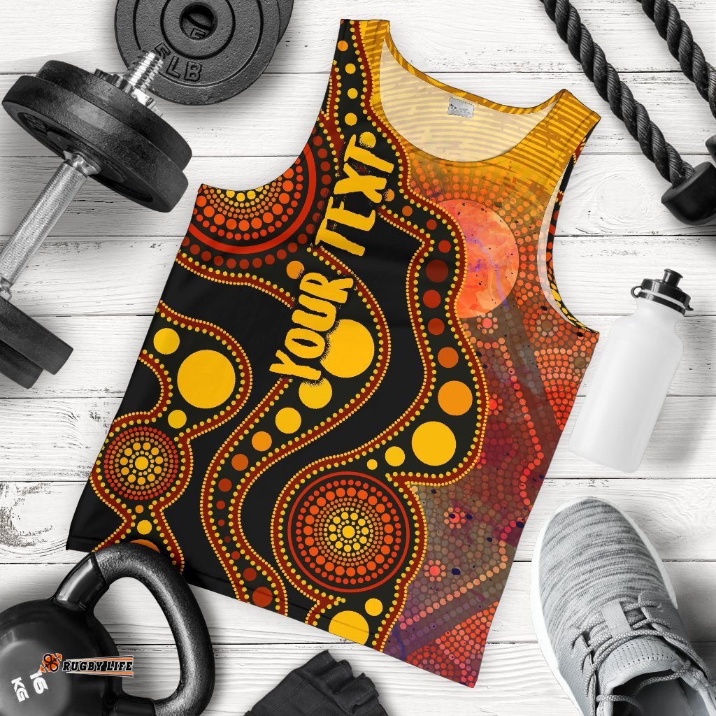 Custom Text Aboriginal Men's Tank Top - Australia Indigenous Flag Circle Dot Painting Art (Golden)