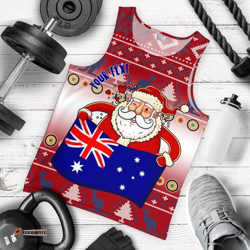 Christmas Personalised Men's Tank  Top - Australia Santa Claus Hold The Flag ( Red)