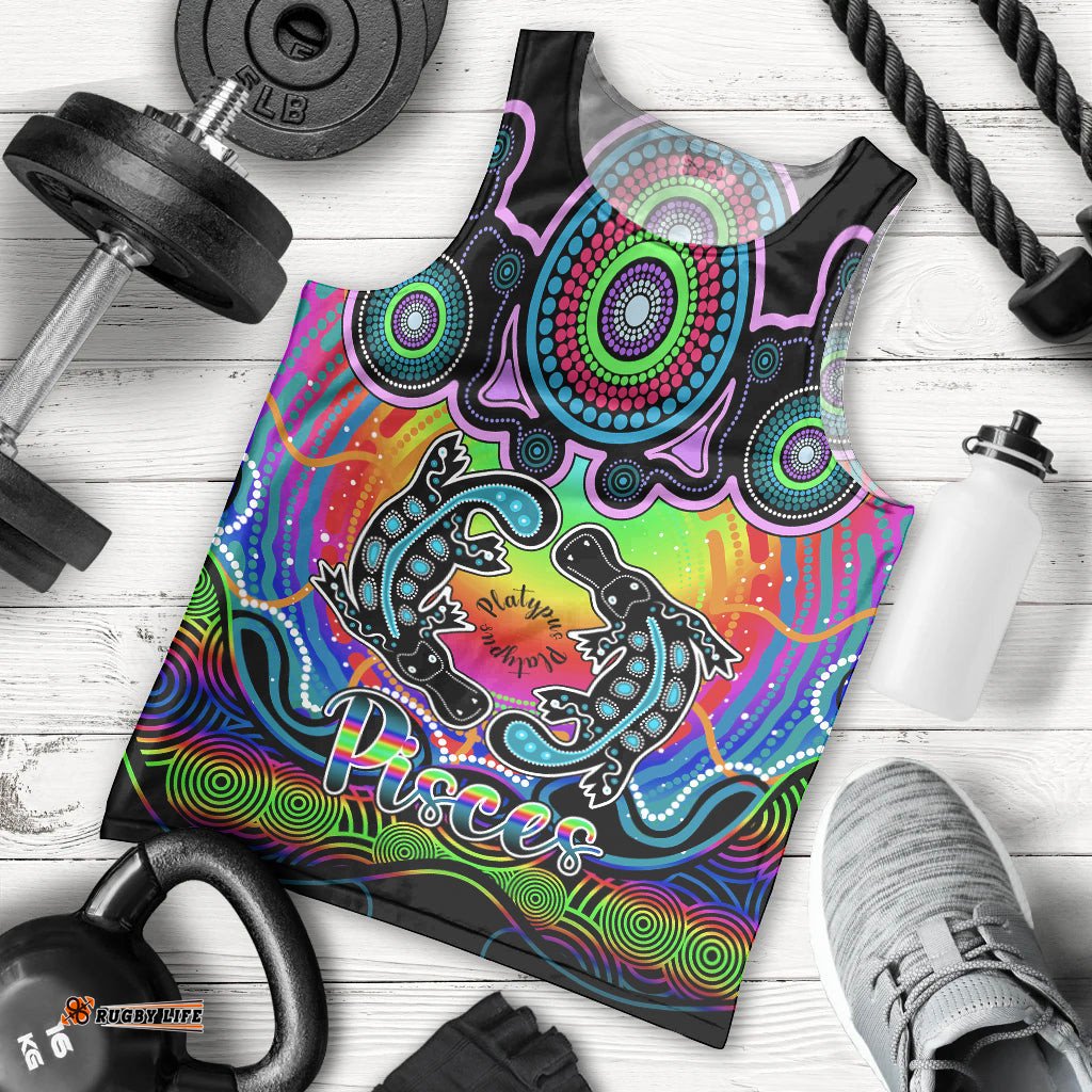 Personalised Australia Pisces  Platypus Zodiac Men Tank Top Auz Astrology Aboriginal - Rainbow
